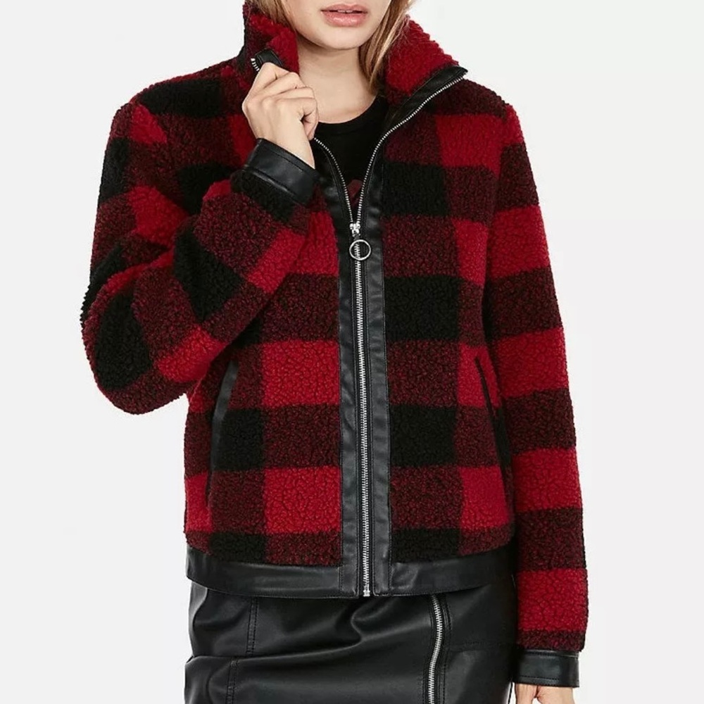 Express Buffalo Plaid Shearling Moto Jacket